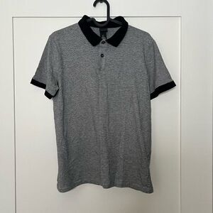 H&M Mens Polo Shirt Size Small Striped Short Sleeves Collared Button Black White